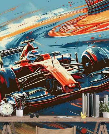 mural de papel de parede de corrida personalizável vermelho e azul chamado Speeding Race Car Illustration para quartos e escritórios