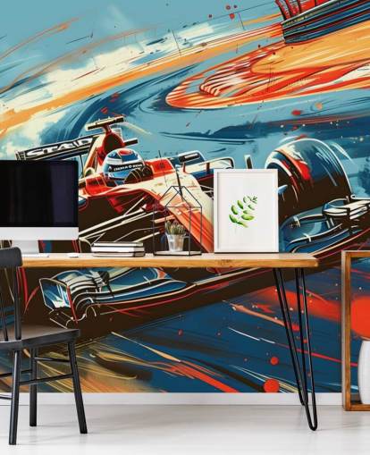 mural de papel pintado de carreras personalizable rojo y azul llamado Speeding Race Car Illustration para dormitorios y oficinas
