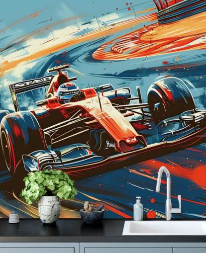 red and blue customizable racing wallpaper mural called Speeding Race Car Illustration for bedrooms and offices