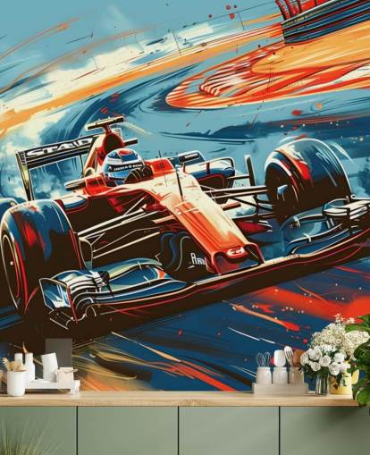 mural de papel pintado de carreras personalizable rojo y azul llamado Speeding Race Car Illustration para dormitorios y oficinas
