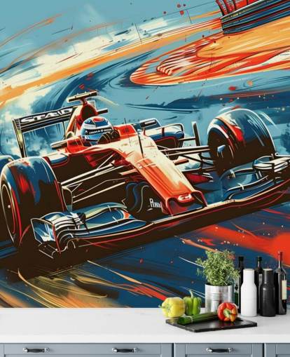 mural de papel pintado de carreras personalizable rojo y azul llamado Speeding Race Car Illustration para dormitorios y oficinas
