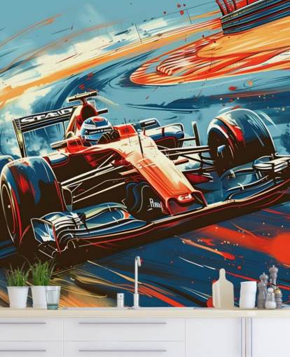 red and blue customizable racing wallpaper mural called Speeding Race Car Illustration for bedrooms and offices