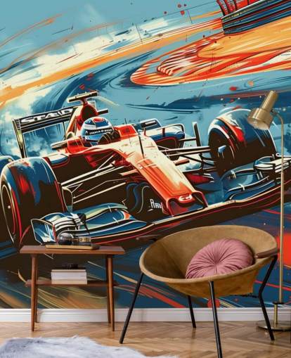 mural de papel pintado de carreras personalizable rojo y azul llamado Speeding Race Car Illustration para dormitorios y oficinas