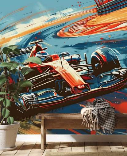 rød og blå tilpasselig racing tapetmaleri kaldet Speeding Race Car Illustration til soveværelser og kontorer rød og blå tilpasselig racing tapetmaleri kaldet Speeding Race Car Illustration til soveværelser og kontorer