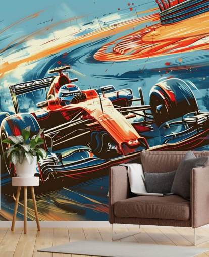 rødt og blått tilpassbart racing tapetmaleri kalt Speeding Race Car Illustration for soverom og kontorer rødt og blått tilpassbart racing tapetmaleri kalt Speeding Race Car Illustration for soverom og kontorer