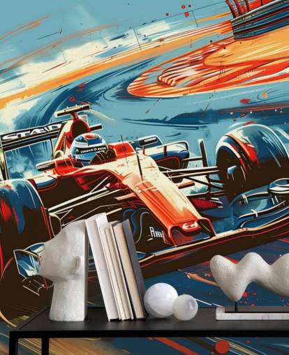 mural de papel de parede de corrida personalizável vermelho e azul chamado Speeding Race Car Illustration para quartos e escritórios