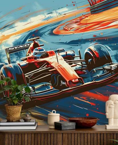 mural de papel pintado de carreras personalizable rojo y azul llamado Speeding Race Car Illustration para dormitorios y oficinas