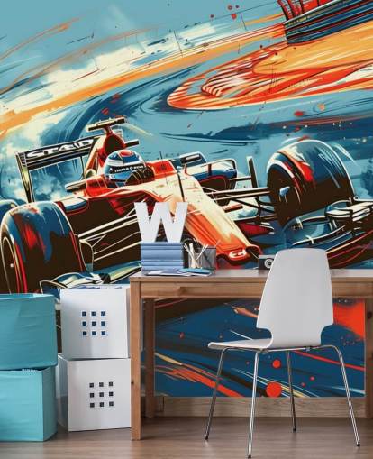mural de papel de parede de corrida personalizável vermelho e azul chamado Speeding Race Car Illustration para quartos e escritórios