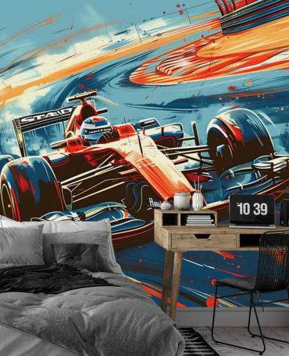 mural de papel pintado de carreras personalizable rojo y azul llamado Speeding Race Car Illustration para dormitorios y oficinas mural de papel pintado de carreras personalizable rojo y azul llamado Speeding Race Car Illustration para dormitorios y oficinas