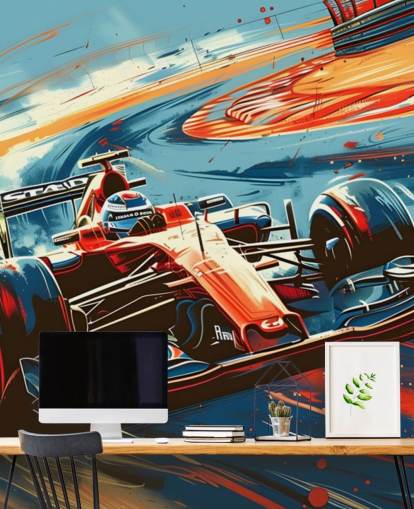carta da parati murale da corsa personalizzabile rossa e blu chiamata Speeding Race Car Illustration per camere da letto e uffici