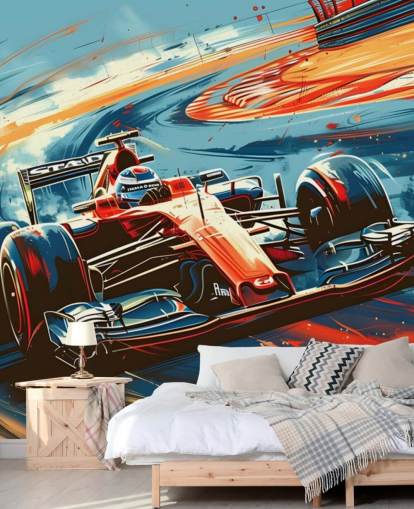 rode en blauwe aanpasbare racebehangmuurschildering genaamd Speeding Race Car Illustration voor slaapkamers en kantoren