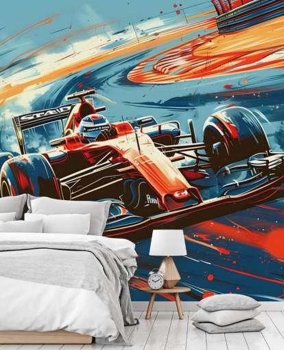 papier peint mural de course personnalisable rouge et bleu appelé Speeding Race Car Illustration pour les chambres et les bureaux