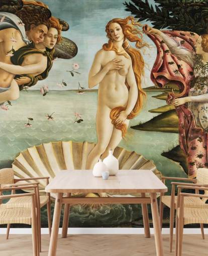 fine art behangmuurschildering genaamd The Birth of Venus van Botticelli voor plafonds, badkamers en slaapkamers