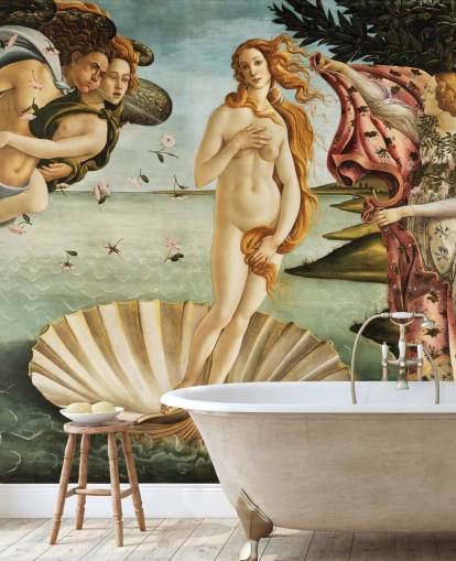 fine art behangmuurschildering genaamd The Birth of Venus van Botticelli voor plafonds, badkamers en slaapkamers