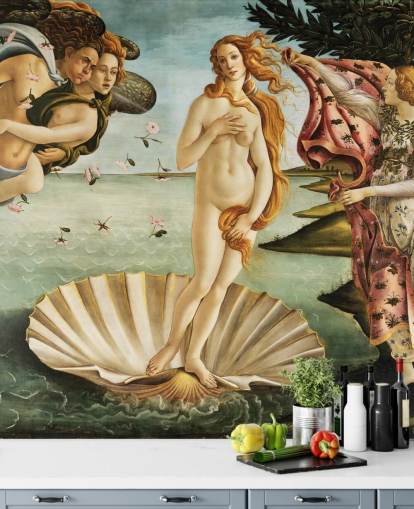 fine art behangmuurschildering genaamd The Birth of Venus van Botticelli voor plafonds, badkamers en slaapkamers