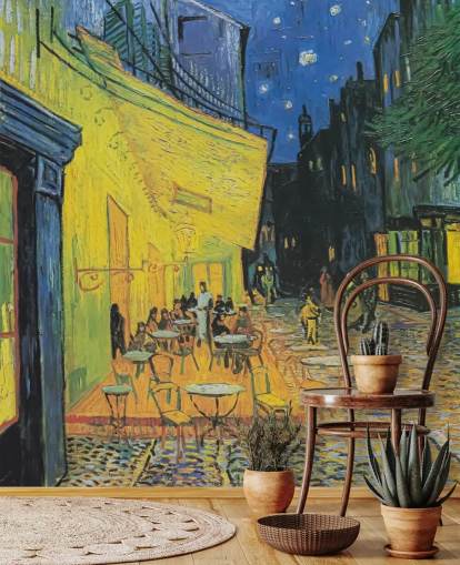 mural de papel pintado de bellas artes llamado Café Terrace at Night de Vincent van Gogh para dormitorios y negocios