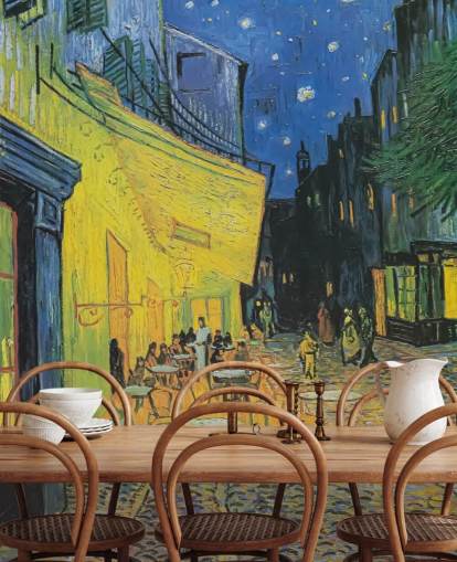 fine art behangmuurschildering genaamd Cafe Terrace at Night van Vincent van Gogh voor slaapkamers en bedrijven