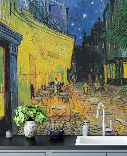 fine art behangmuurschildering genaamd Cafe Terrace at Night van Vincent van Gogh voor slaapkamers en bedrijven