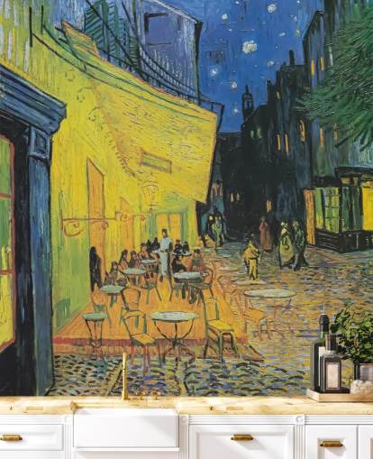 carta da parati fine art chiamata Cafe Terrace at Night di Vincent van Gogh per camere da letto e aziende