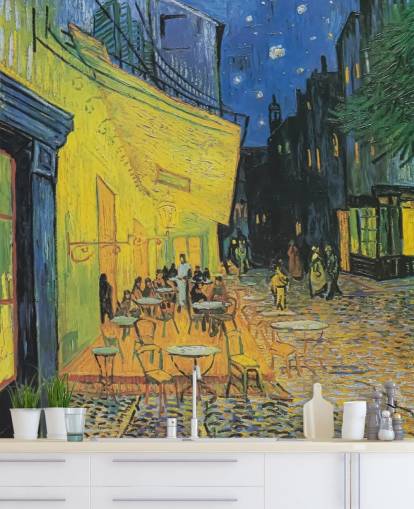 fine art behangmuurschildering genaamd Cafe Terrace at Night van Vincent van Gogh voor slaapkamers en bedrijven fine art behangmuurschildering genaamd Cafe Terrace at Night van Vincent van Gogh voor slaapkamers en bedrijven