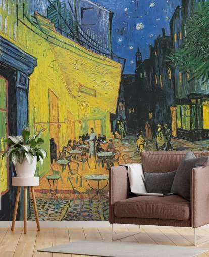 mural de papel de parede de belas artes chamado Cafe Terrace at Night de Vincent van Gogh para quartos e empresas