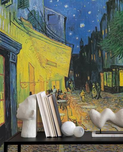 mural de papel pintado de bellas artes llamado Café Terrace at Night de Vincent van Gogh para dormitorios y negocios