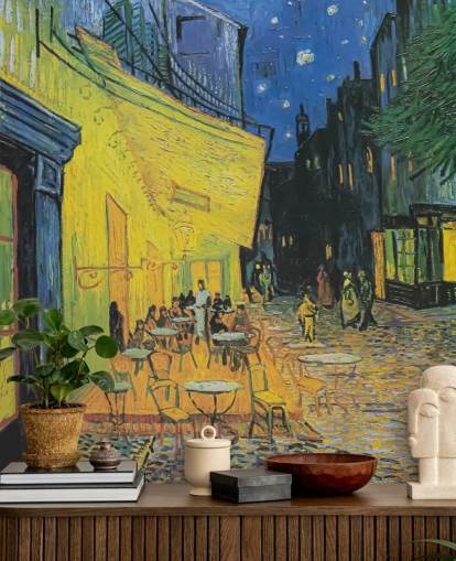 Kunsttapete mit dem Titel Cafe Terrace at Night von Vincent van Gogh für Schlafzimmer und Unternehmen