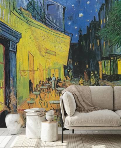 mural de papel de parede de belas artes chamado Cafe Terrace at Night de Vincent van Gogh para quartos e empresas