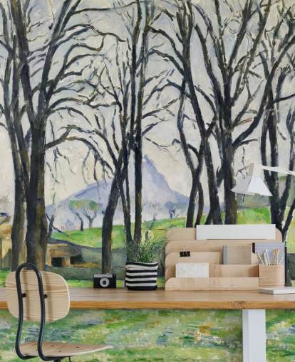 fine art muurschildering genaamd Chestnut Trees at Jas de Bouffan van Paul Cezanne voor slaapkamers en woonkamers fine art muurschildering genaamd Chestnut Trees at Jas de Bouffan van Paul Cezanne voor slaapkamers en woonkamers