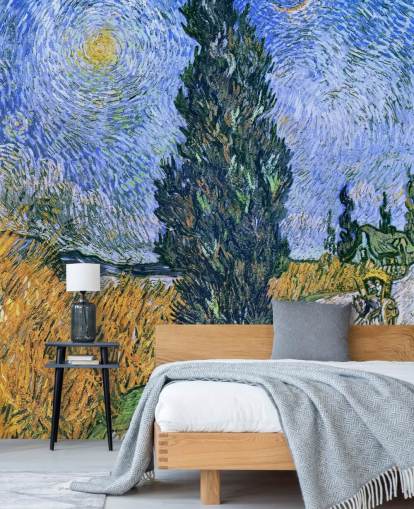 Kunsttapete mit dem Titel Road with Cypress and Star von Vincent van Gogh für Schlafzimmer Kunsttapete mit dem Titel Road with Cypress and Star von Vincent van Gogh für Schlafzimmer