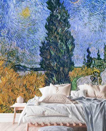 konsttapet väggmålning kallad Road with Cypress och Star av Vincent van Gogh för sovrum