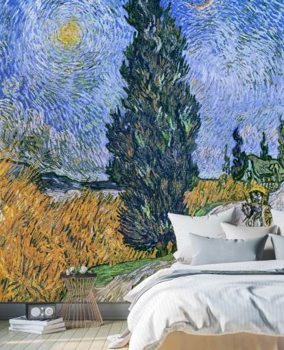 mural de papel pintado de bellas artes llamado Road with Cypress and Star de Vincent van Gogh para dormitorios
