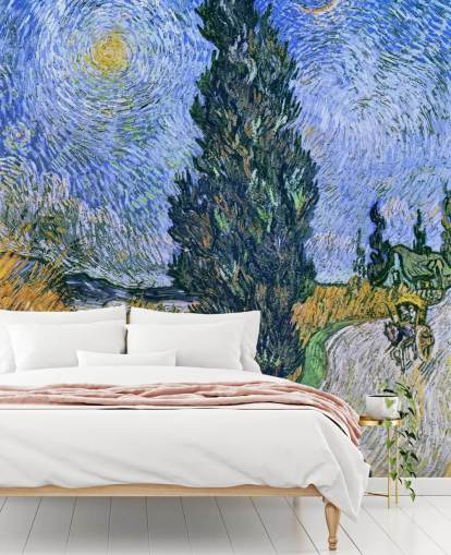 carta da parati fine art chiamata Road with Cypress and Star di Vincent van Gogh per camere da letto carta da parati fine art chiamata Road with Cypress and Star di Vincent van Gogh per camere da letto