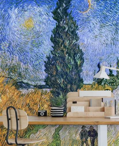fine art wallpaper mural called Road with Cypress and Star by Vincent van Gogh for bedrooms fine art wallpaper mural called Road with Cypress and Star by Vincent van Gogh for bedrooms