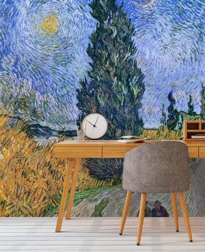 fine art wallpaper mural called Road with Cypress and Star by Vincent van Gogh for bedrooms