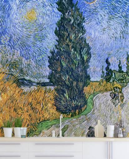 fine art wallpaper mural called Road with Cypress and Star by Vincent van Gogh for bedrooms