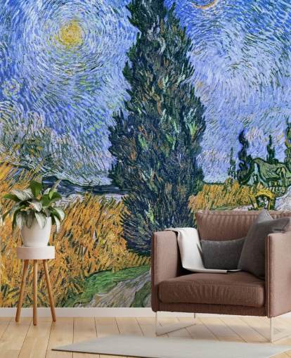 kunsttapet veggmaleri kalt Road with Cypress and Star av Vincent van Gogh for soverom