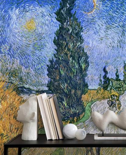 carta da parati fine art chiamata Road with Cypress and Star di Vincent van Gogh per camere da letto carta da parati fine art chiamata Road with Cypress and Star di Vincent van Gogh per camere da letto