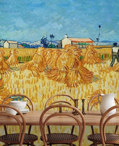 fine art wall mural called Harvest in Provence by Vincent van Gogh for living rooms, bedrooms and kitchens fine art wall mural called Harvest in Provence by Vincent van Gogh for living rooms, bedrooms and kitchens