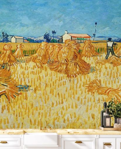 kunstmuurschildering genaamd Harvest in Provence van Vincent van Gogh voor woonkamers, slaapkamers en keukens kunstmuurschildering genaamd Harvest in Provence van Vincent van Gogh voor woonkamers, slaapkamers en keukens