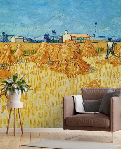 kunstmuurschildering genaamd Harvest in Provence van Vincent van Gogh voor woonkamers, slaapkamers en keukens kunstmuurschildering genaamd Harvest in Provence van Vincent van Gogh voor woonkamers, slaapkamers en keukens