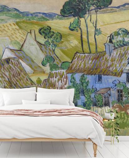 mural de pared de bellas artes llamado Farms near Auvers de Vincent van Gogh para salas de estar, dormitorios y comedores