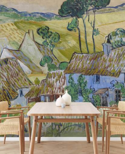 kunstmuurschildering genaamd Farms near Auvers van Vincent van Gogh voor woonkamers, slaapkamers en eetkamers