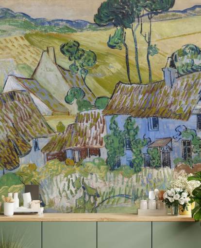mural de pared de bellas artes llamado Farms near Auvers de Vincent van Gogh para salas de estar, dormitorios y comedores