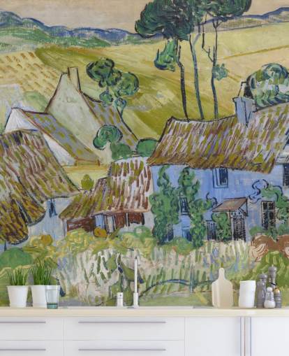 mural de pared de bellas artes llamado Farms near Auvers de Vincent van Gogh para salas de estar, dormitorios y comedores