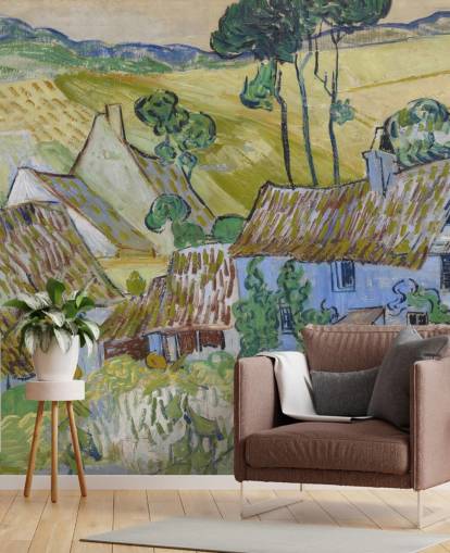 mural de pared de bellas artes llamado Farms near Auvers de Vincent van Gogh para salas de estar, dormitorios y comedores