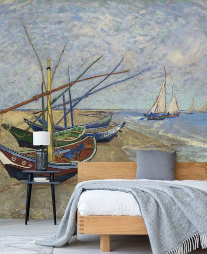 mural de papel pintado de bellas artes llamado Fishing Boats on the Beach de van Gogh para cocinas, baños y salas de estar
