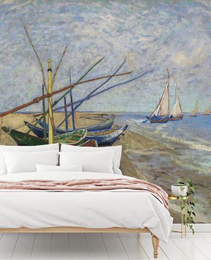 fine art wallpaper mural called Fishing Boats on the Beach by van Gogh for kitchens, bathrooms and living rooms