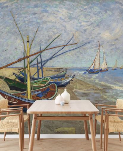 Van Goghin taide-taustakuvamaalaus nimeltä Fishing Boats on the Beach keittiöihin, kylpyhuoneisiin ja olohuoneisiin