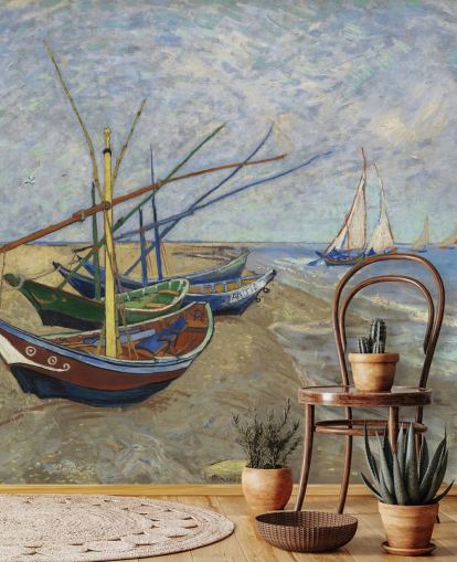 kunsttapet vægmaleri kaldet Fishing Boats on the Beach af van Gogh til køkkener, badeværelser og stuer
